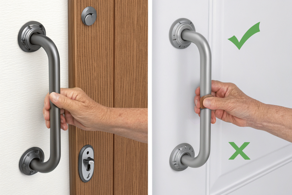 A person with arthritis easily pulling a wide, C-shaped cabinet handle