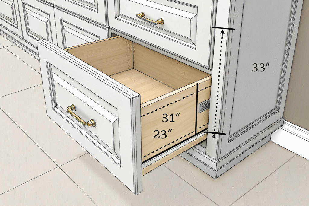 A kitchen drawer showing a handle that is one-third of the drawer's width