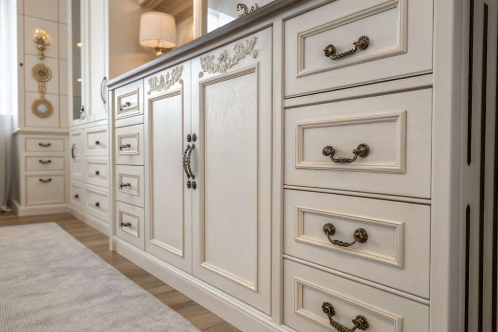 A cohesive kitchen design showing knobs on doors and pulls on drawers