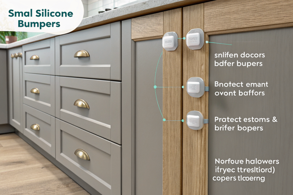 A clear silicone bumper placed on the inside corner of a white cabinet door