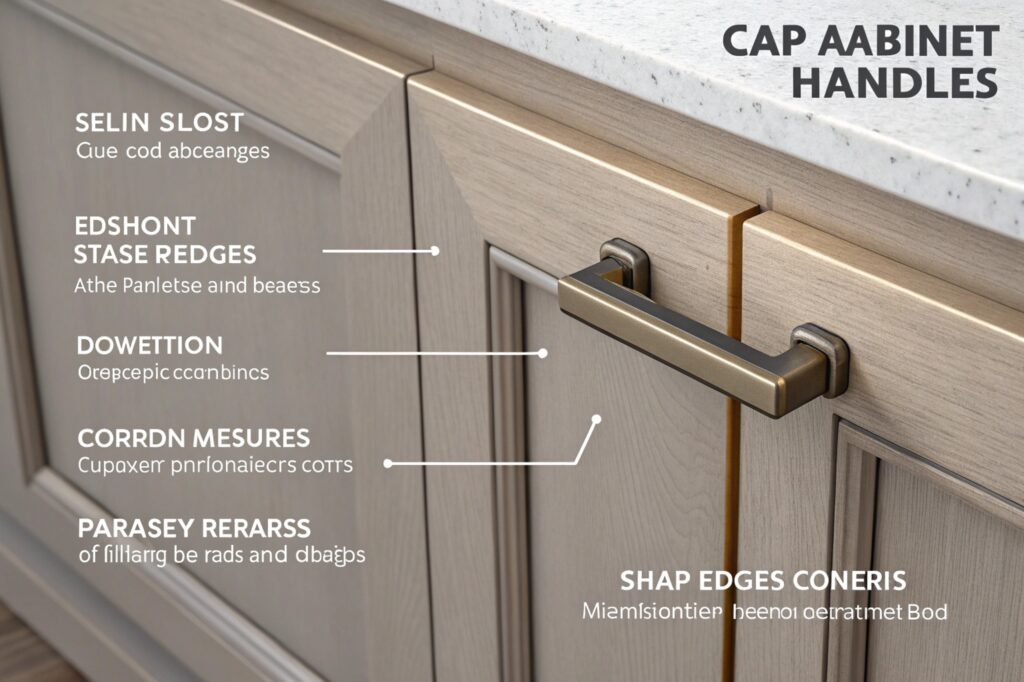 A close-up of a hand cautiously touching a cabinet handle with sharp edges