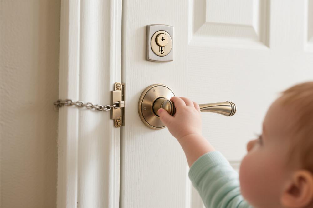 High door lock for child safety A high-mounted chain lock on a door
